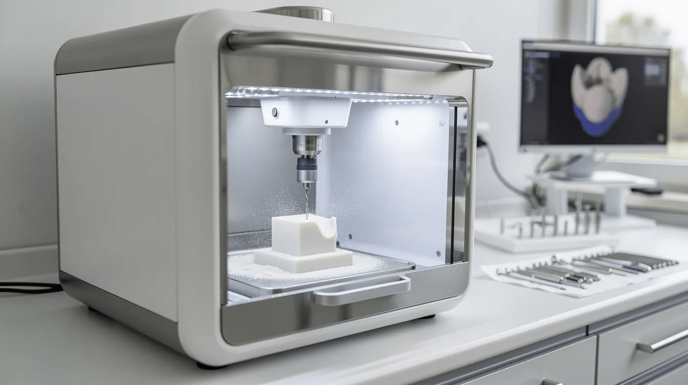 A modern dental milling machine is shown carving a small white ceramic block in a clean dental office, illustrating the precise process involved in creating dental crowns. This advanced technology ensures that the crowns will match the natural tooth structure, providing patients with a natural appearance and effective tooth replacement solutions.