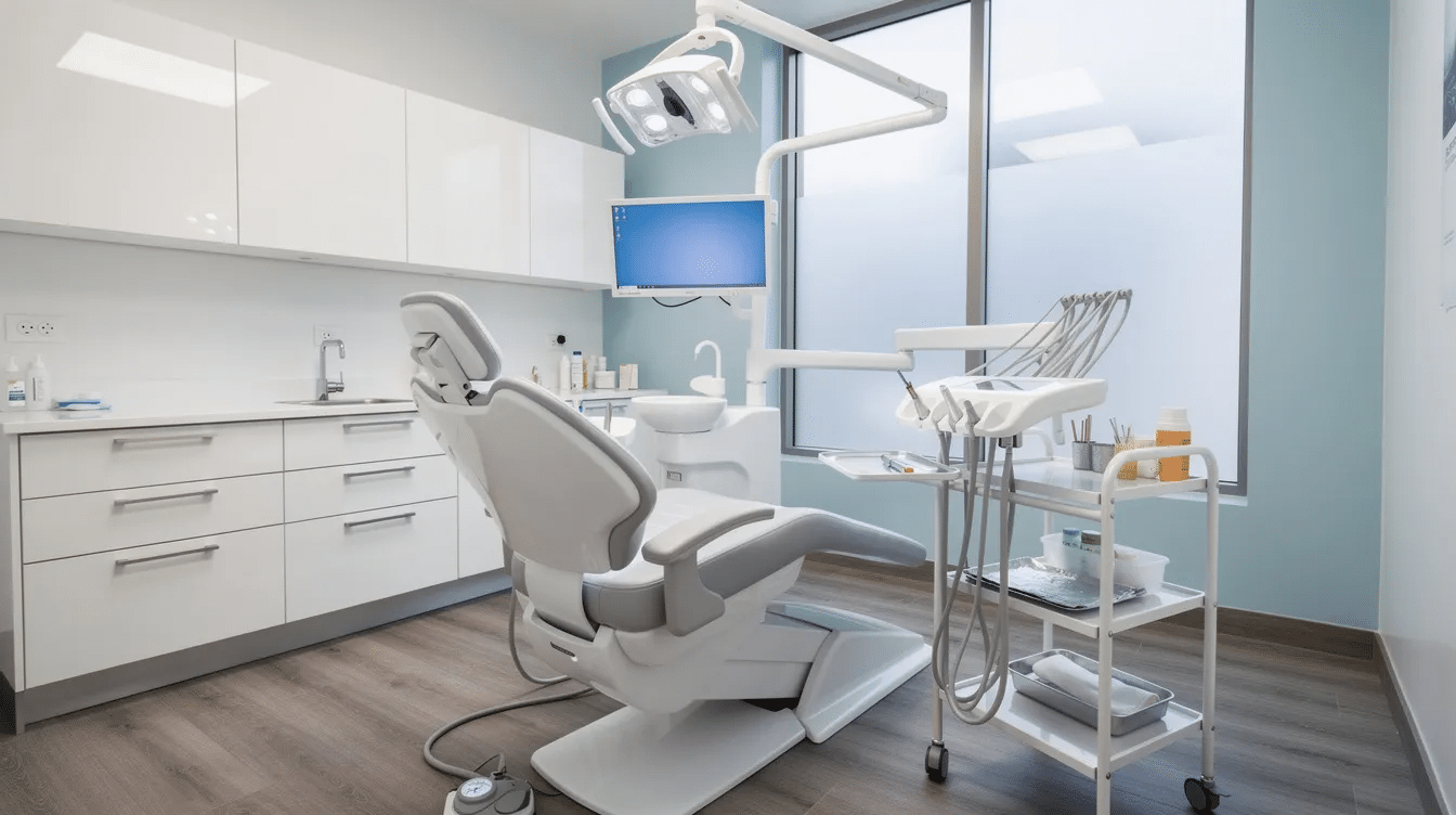 The image depicts a modern dental office treatment room featuring a sleek dental chair and an overhead light, designed for various cosmetic dentistry procedures such as placing dental veneers. This environment is equipped for enhancing patients' smiles, focusing on treatments like teeth whitening and addressing dental imperfections.