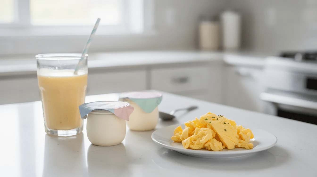 The image shows an inviting arrangement of soft recovery foods on a kitchen counter, featuring yogurt cups, a banana smoothie, and scrambled eggs, ideal for those recovering from wisdom teeth removal. These gentle options support oral health during the healing process after dental procedures.