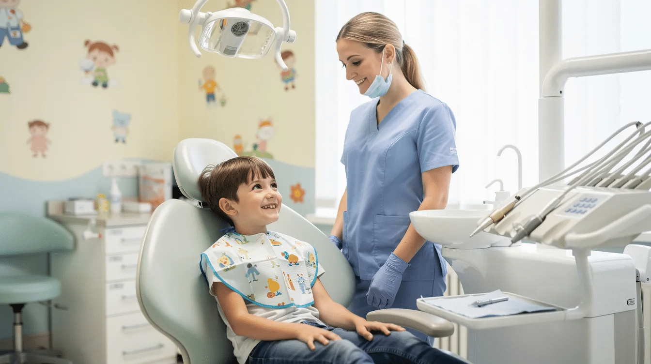 A smiling child sits confidently in a dental chair, accompanied by a gentle dental team member, showcasing a positive atmosphere in a dental office. This scene highlights the use of advanced laser dentistry technology, promoting a comfortable experience for young patients during dental procedures.