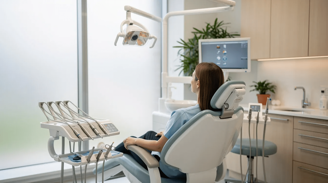 A patient is seated comfortably in a modern dental chair within a bright and welcoming dental treatment room, ready to experience advanced laser dentistry technology. The environment is designed to alleviate dental anxiety, showcasing a commitment to dental health through minimally invasive procedures and laser treatments for various dental issues.